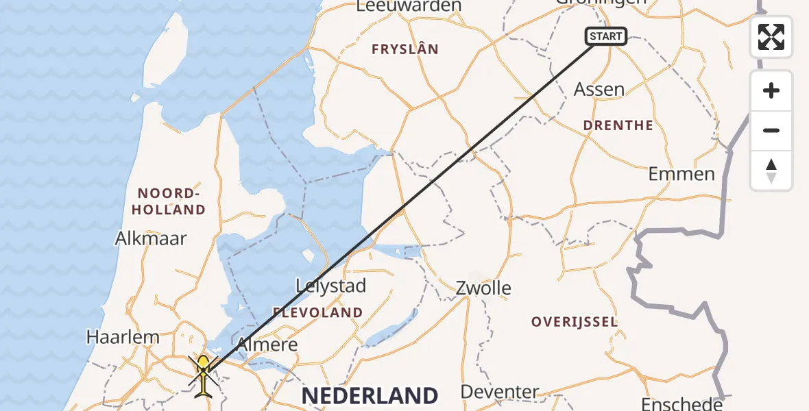 Vluchtroute Traumahelikopter van Groningen Airport Eelde naar Academisch Medisch Centrum (AMC)