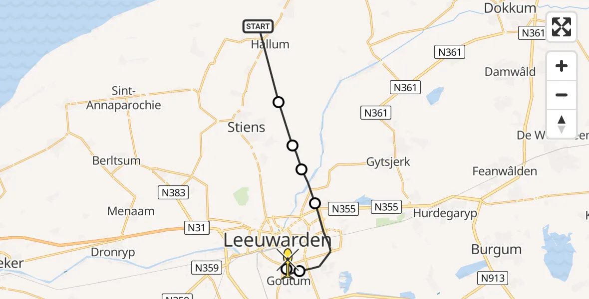 Routekaart van de vlucht: Ambulancehelikopter naar Leeuwarden, Truerderdyk