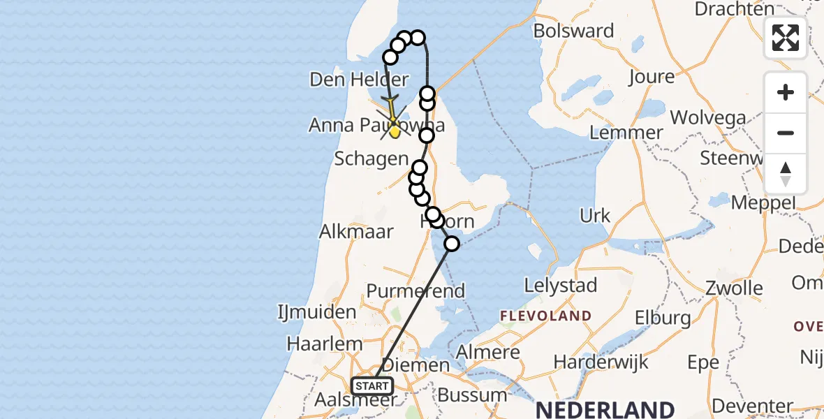 Routekaart van de vlucht: Politiehelikopter naar Anna Paulowna, Veerweg