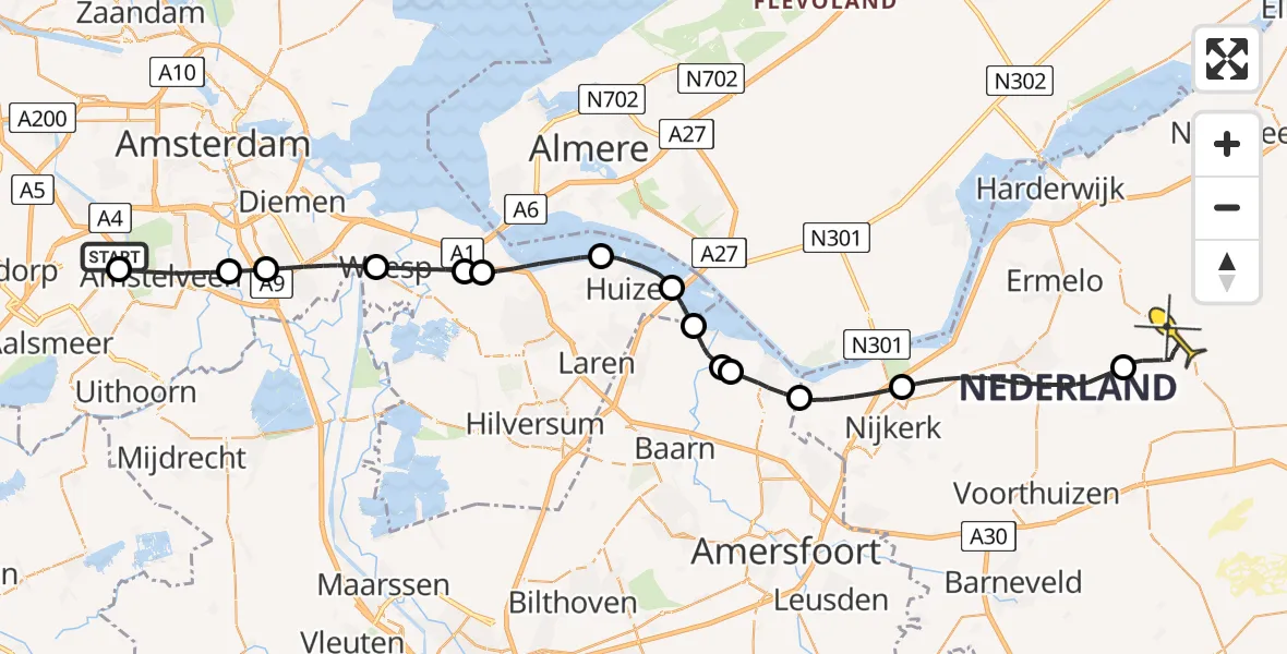 Routekaart van de vlucht: Politieheli naar Ermelo, Speulderveld