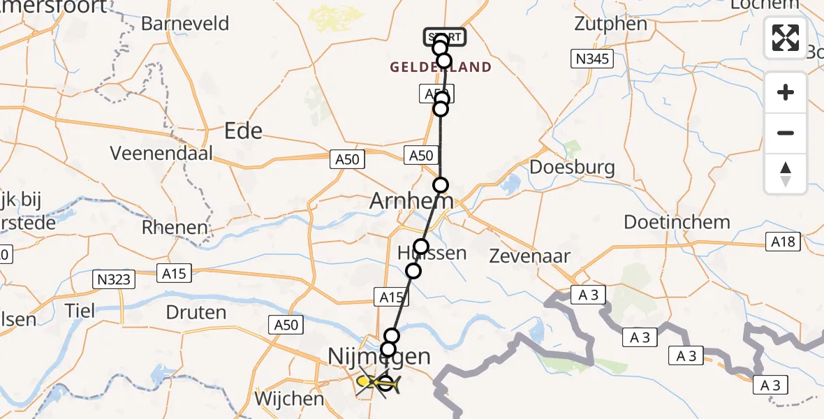 Routekaart van de vlucht: Lifeliner 3 naar Radboud Universitair Medisch Centrum, Heijendaal