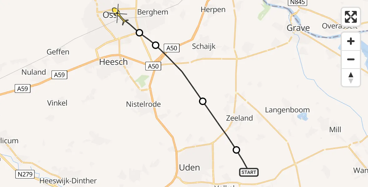 Routekaart van de vlucht: Politiehelikopter naar Oss, De Bunders