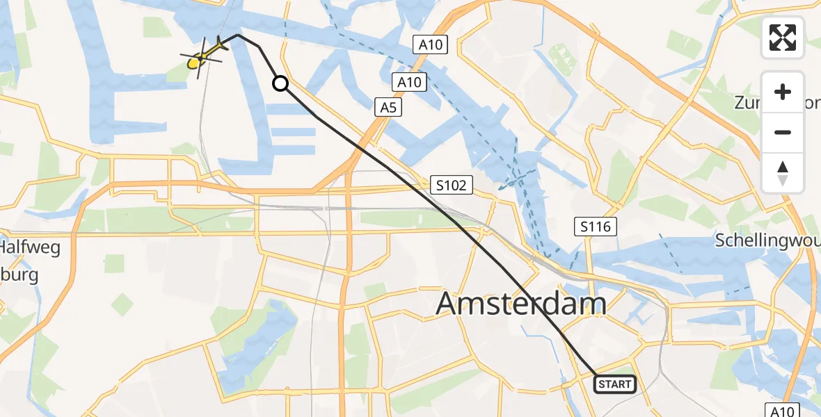 Routekaart van de vlucht: Lifeliner 1 naar Amsterdam Heliport, Waterlooplein