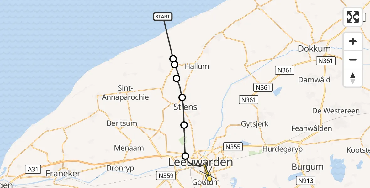 Routekaart van de vlucht: Ambulancehelikopter naar Leeuwarden, Koedijk