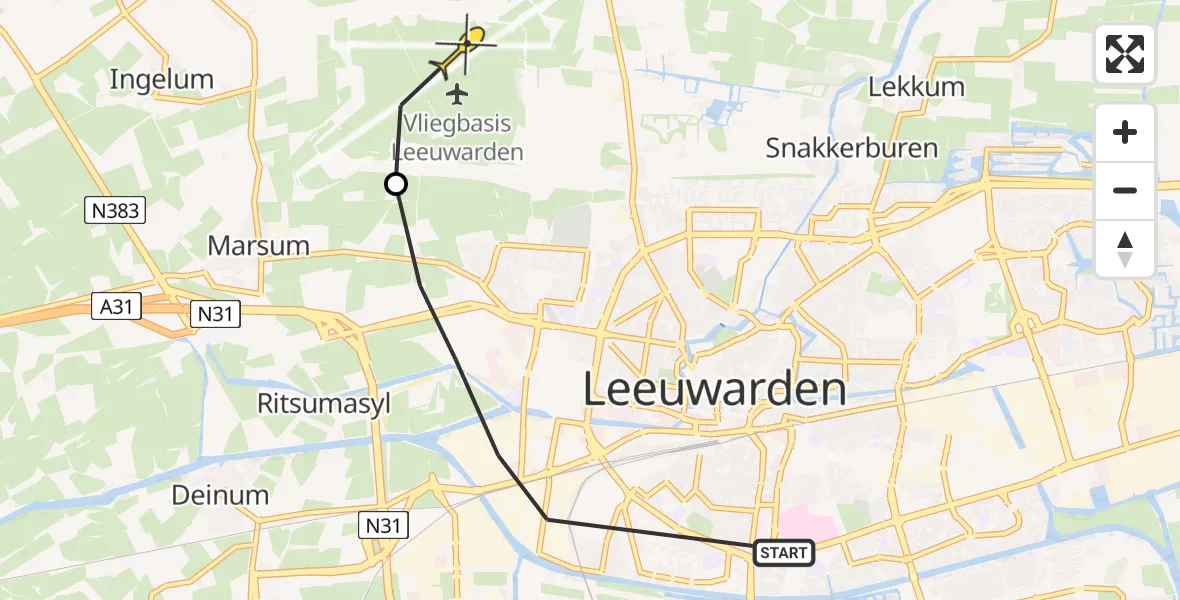 Vluchtroute Ambulancehelikopter van Leeuwarden naar Vliegbasis Leeuwarden