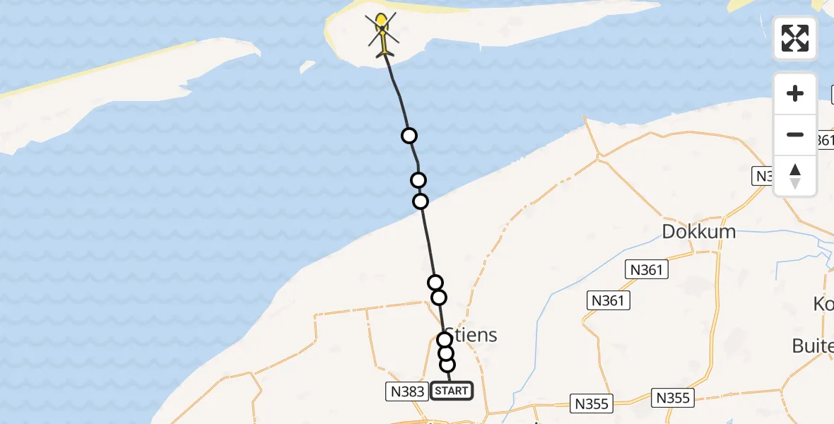Routekaart van de vlucht: Ambulancehelikopter naar Ameland Airport Ballum, Efterste Dyk