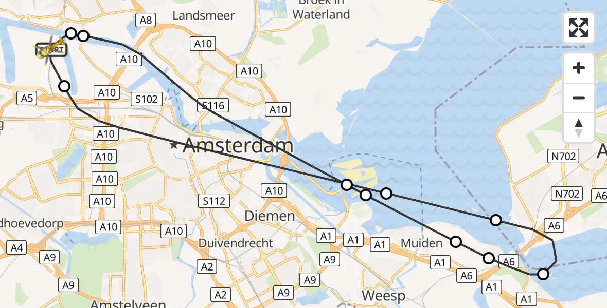 Vluchtroute Traumahelikopter van Amsterdam Heliport naar Amsterdam Heliport
