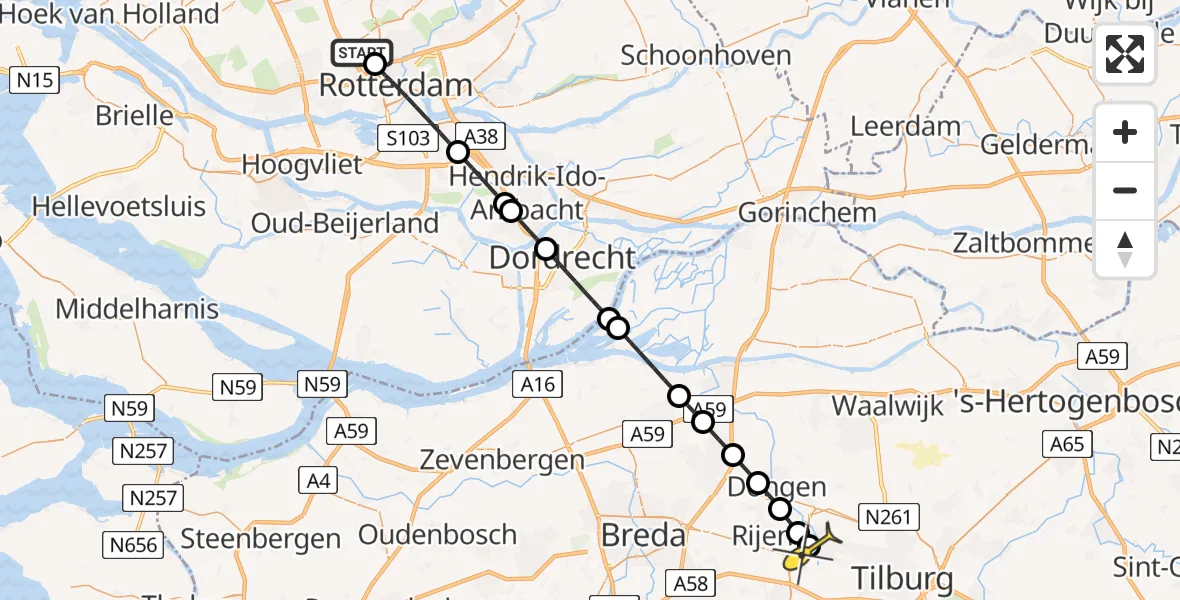 Routekaart van de vlucht: Lifeliner 2 naar Tilburg, Overschiese Kleiweg