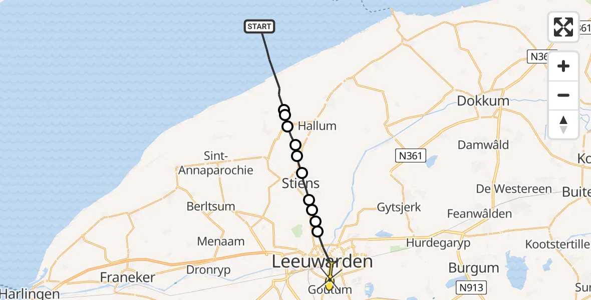 Routekaart van de vlucht: Ambulancehelikopter naar Leeuwarden, Borniastraat