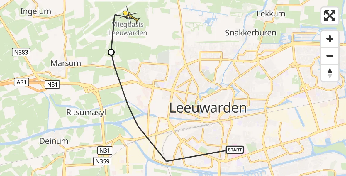 Vluchtroute Ambulancehelikopter van Leeuwarden naar Vliegbasis Leeuwarden