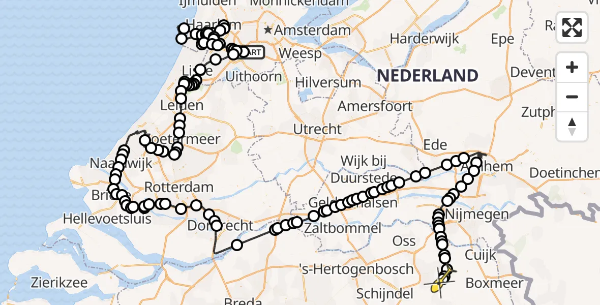 Vluchtroute Politiehelikopter van Schiphol naar Vliegbasis Volkel