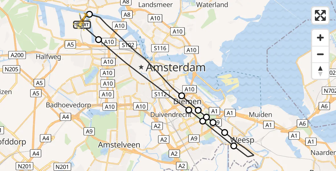Vluchtroute Traumahelikopter van Amsterdam Heliport naar Amsterdam Heliport