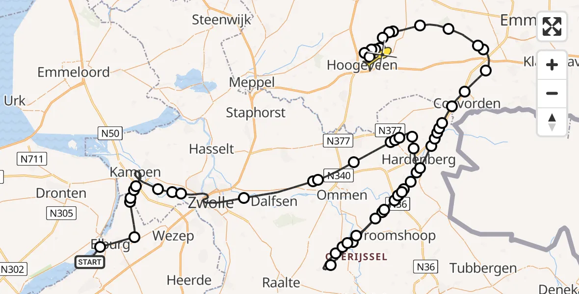 Routekaart van de vlucht: Politieheli naar Vliegveld Hoogeveen, Veldweg