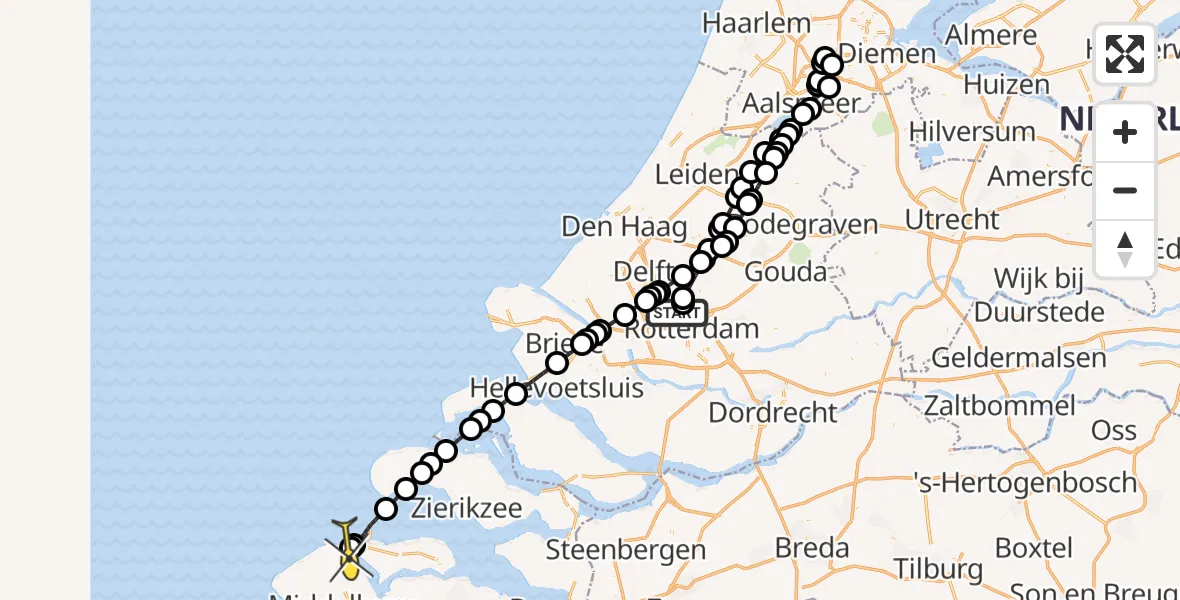 Routekaart van de vlucht: Lifeliner 2 naar Vrouwenpolder, Zonnepark Rotterdam The Hague Airport