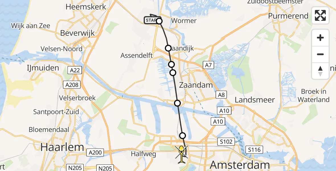 Routekaart van de vlucht: Lifeliner 1 naar Amsterdam, Oranjeplein