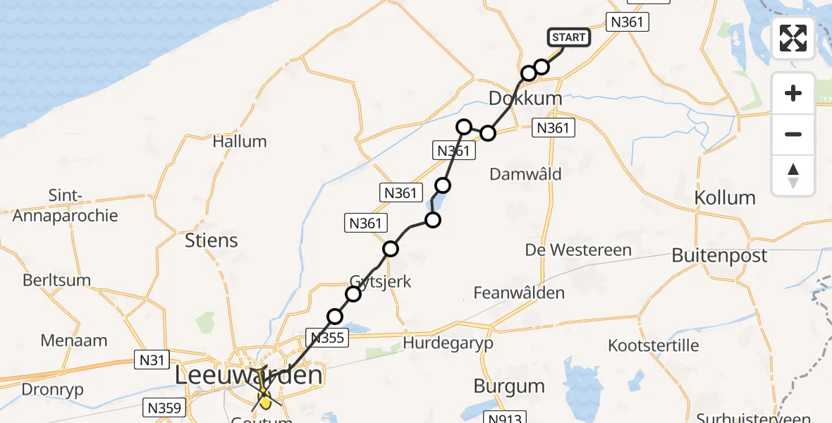 Routekaart van de vlucht: Ambulanceheli naar Leeuwarden, Dokkumerwei