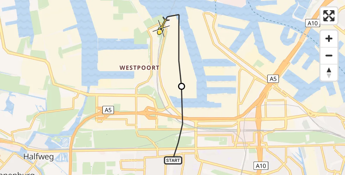 Routekaart van de vlucht: Lifeliner 1 naar Amsterdam Heliport, Basisweg