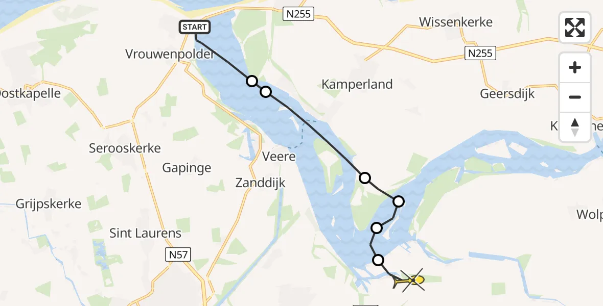 Routekaart van de vlucht: Lifeliner 2 naar Vliegveld Midden-Zeeland, Campensweg