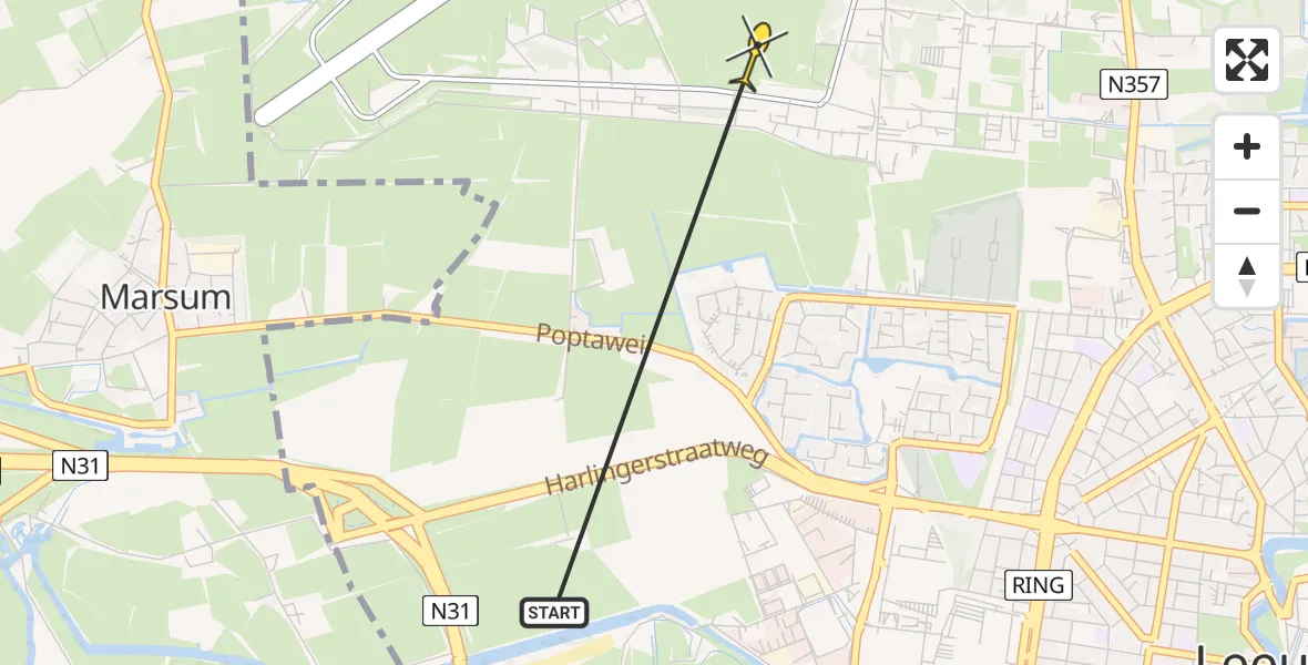 Routekaart van de vlucht: Ambulancehelikopter naar Vliegbasis Leeuwarden, Keegsdijkje