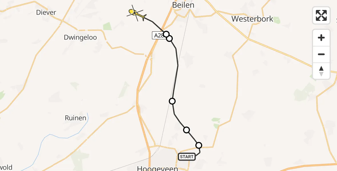 Routekaart van de vlucht: Politieheli naar Beilen, Molenweg