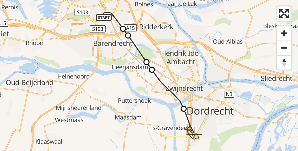 Routekaart van de vlucht: Lifeliner 2 naar Dordrecht, Kleine Kreek