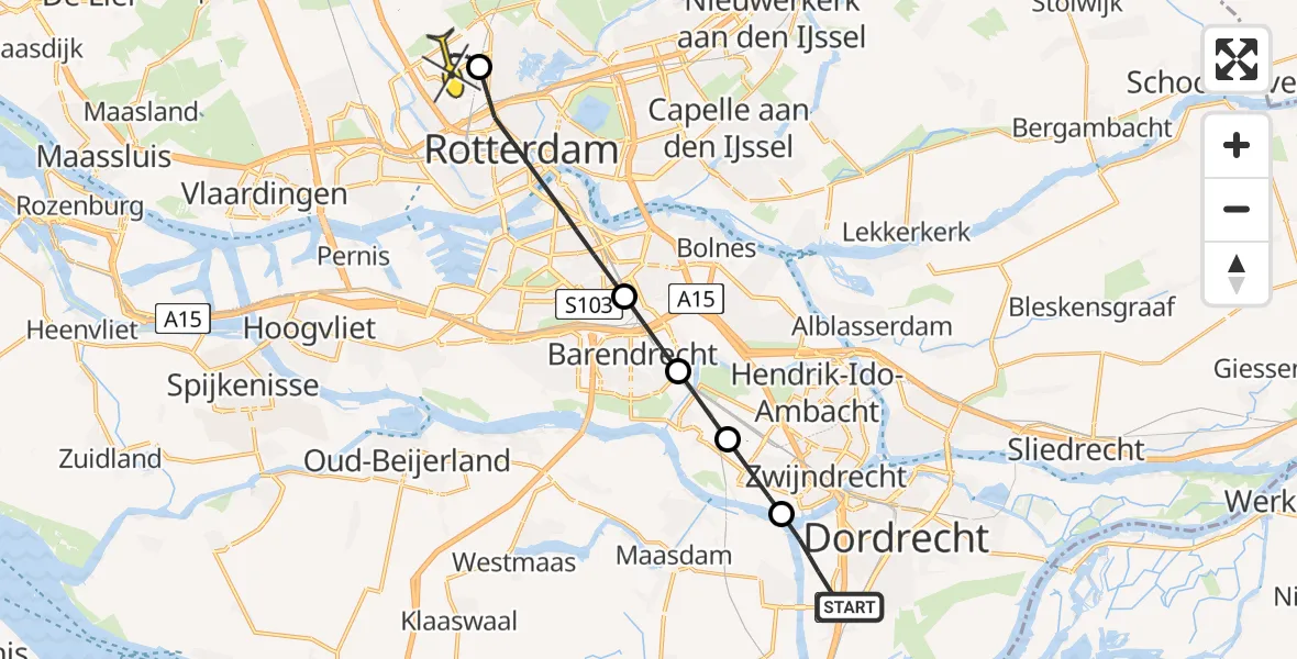 Routekaart van de vlucht: Lifeliner 2 naar Rotterdam The Hague Airport, Wieldrechtseweg