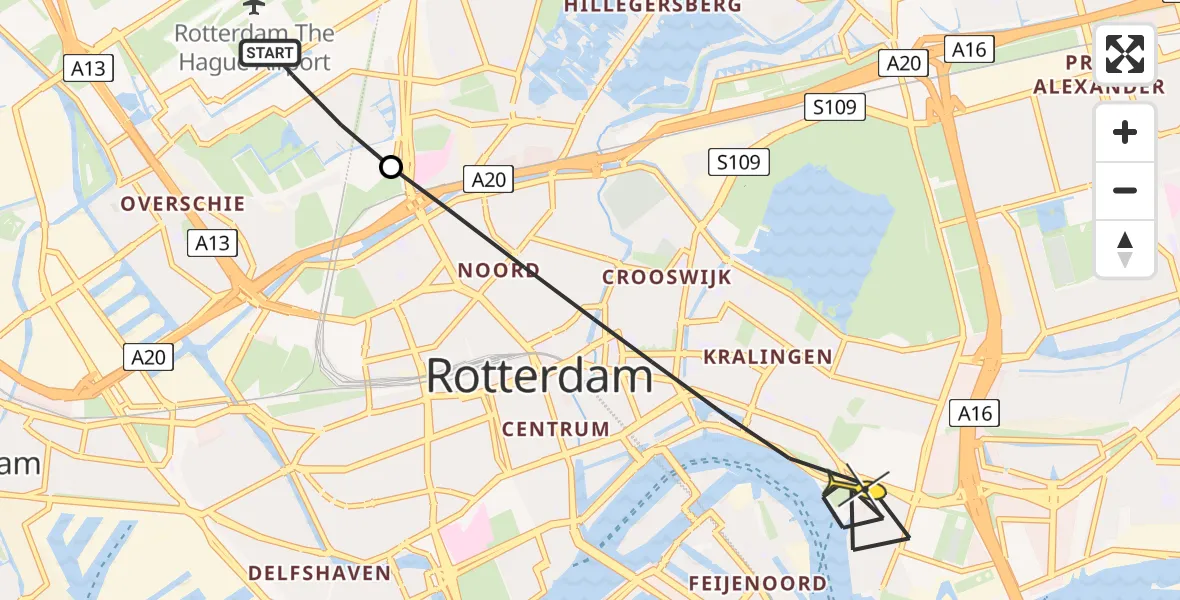 Routekaart van de vlucht: Lifeliner 2 naar Rotterdam, Overschiese Kleiweg