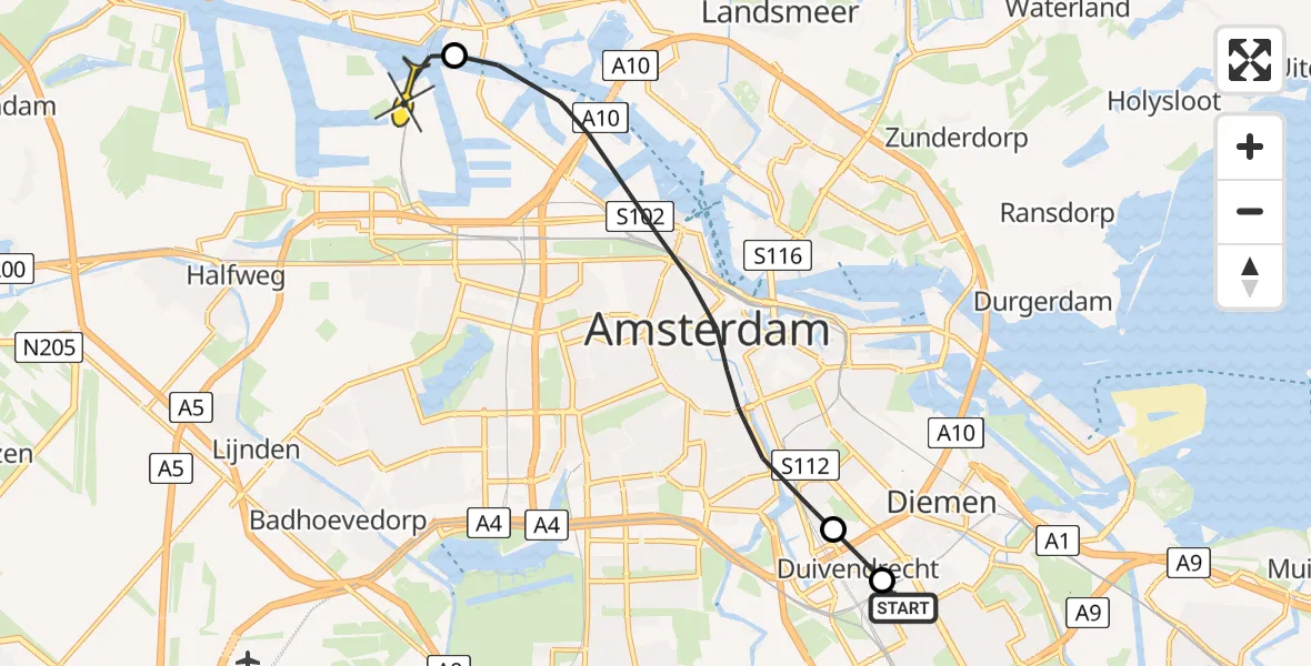 Routekaart van de vlucht: Lifeliner 1 naar Amsterdam Heliport, Biesbosch