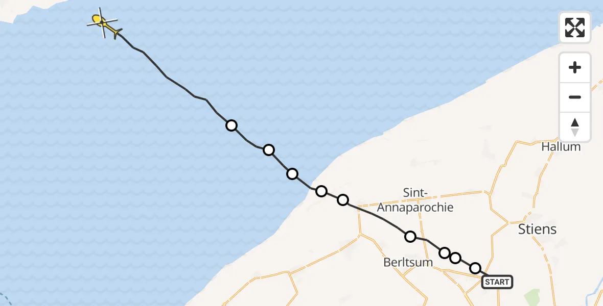 Routekaart van de vlucht: Ambulancehelikopter naar Oosterend, Lytsedyk