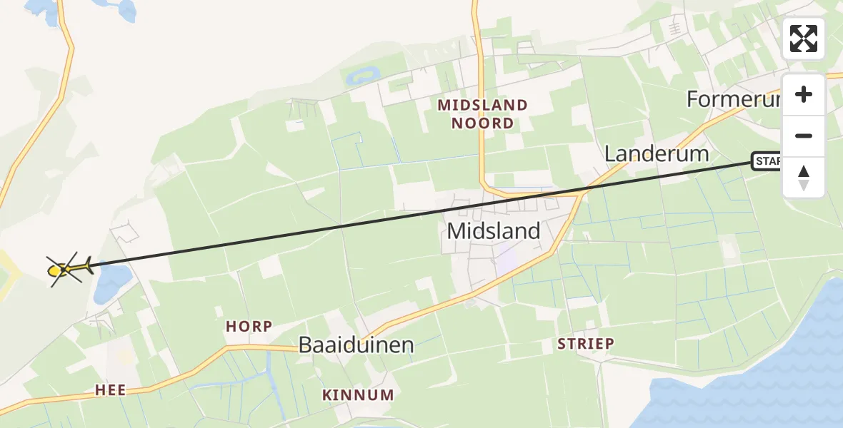 Routekaart van de vlucht: Ambulancehelikopter naar West-Terschelling, Duinweg Hee