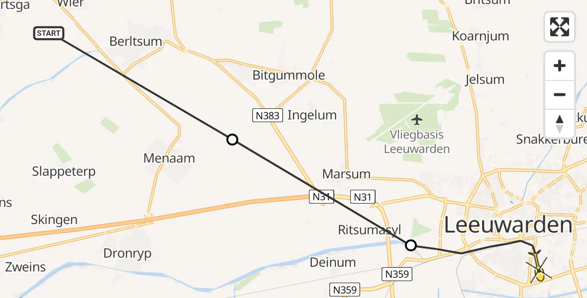Routekaart van de vlucht: Ambulancehelikopter naar Leeuwarden, Ingelumerdyk