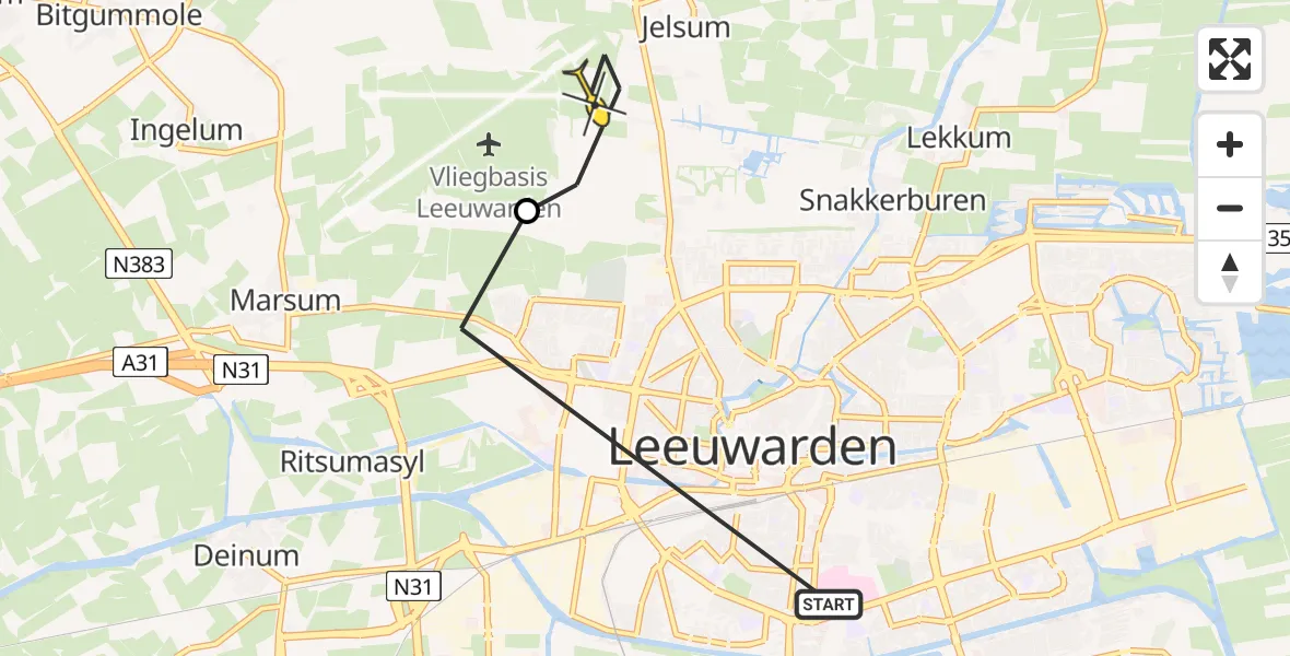 Vluchtroute Ambulancehelikopter van Leeuwarden naar Vliegbasis Leeuwarden