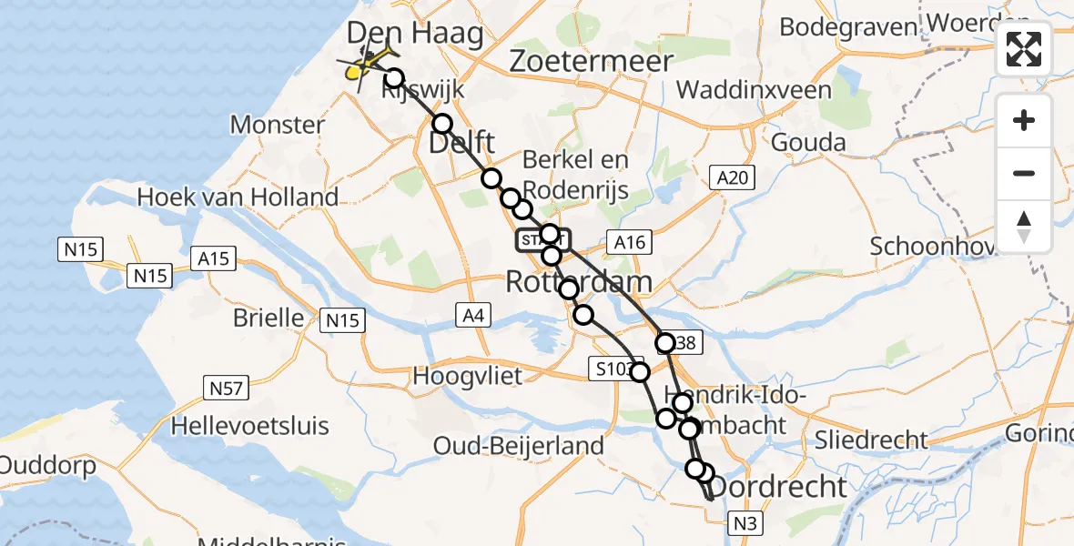 Routekaart van de vlucht: Lifeliner 2 naar Den Haag, Overschiese Kleiweg