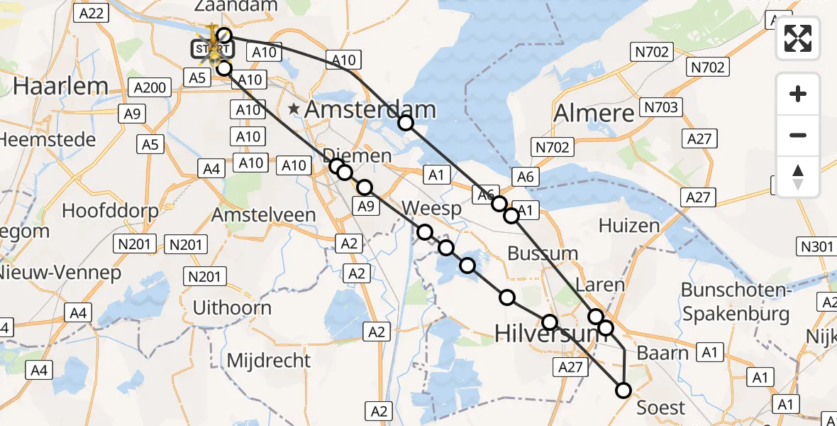 Vluchtroute Traumahelikopter van Amsterdam Heliport naar Amsterdam Heliport