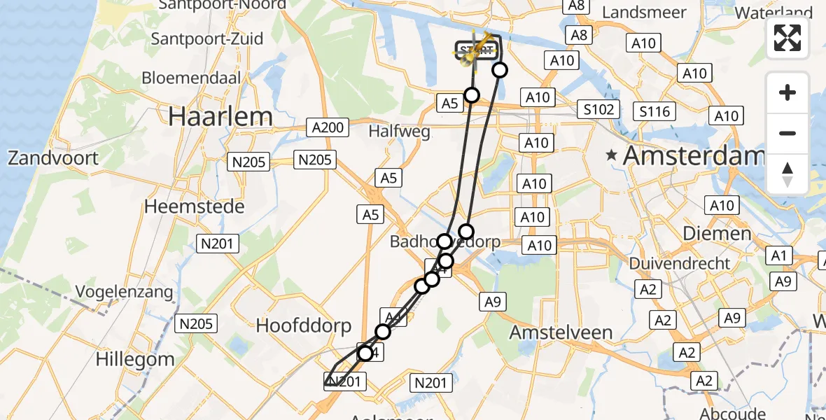 Vluchtroute Traumahelikopter van Amsterdam Heliport naar Amsterdam Heliport