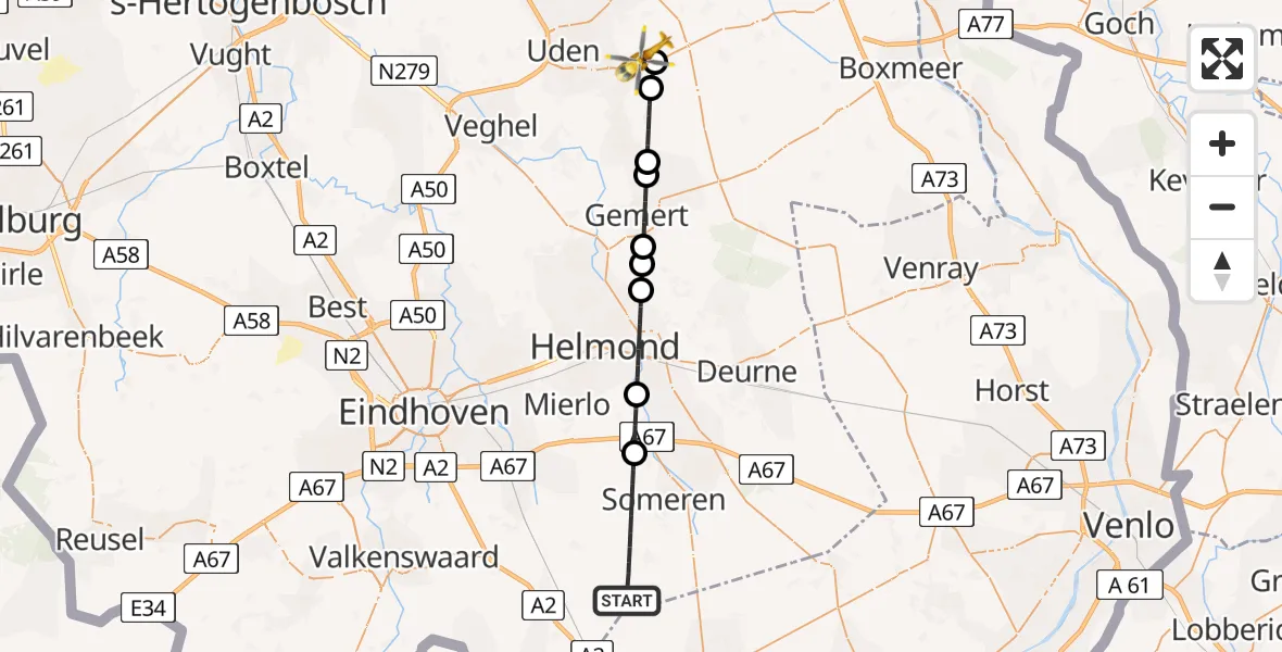 Vluchtroute Traumahelikopter Someren - Vliegbasis Volkel, 05 mei 2024, 08:01