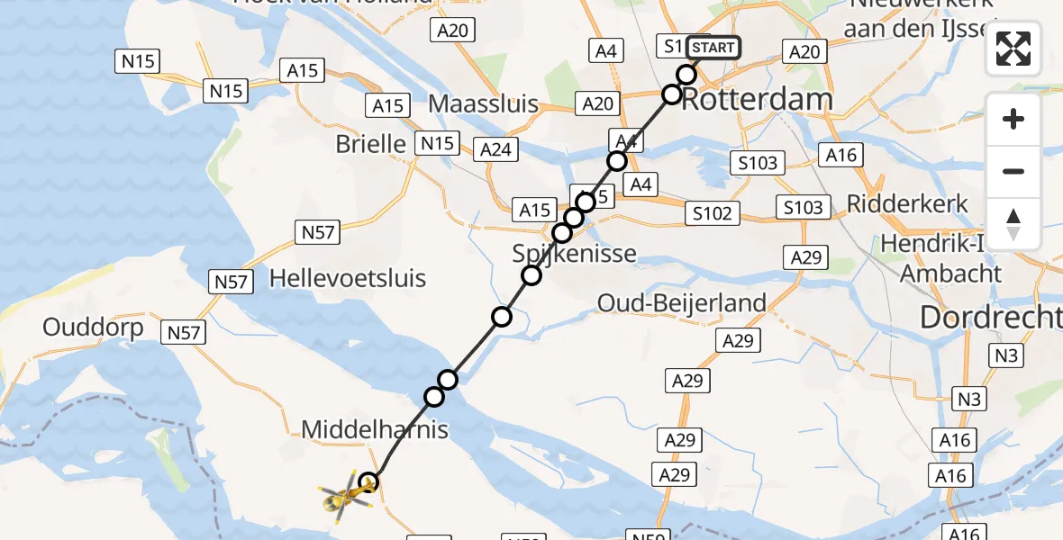 Vluchtroute Traumahelikopter Rotterdam The Hague Airport - Nieuwe-Tonge, 05 mei 2024, 09:21