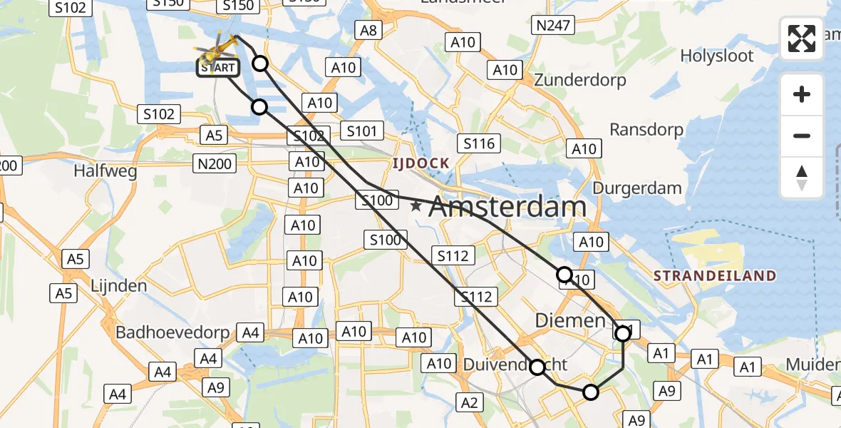 Vluchtroute Traumahelikopter Amsterdam Heliport - Amsterdam Heliport, 05 mei 2024, 09:50