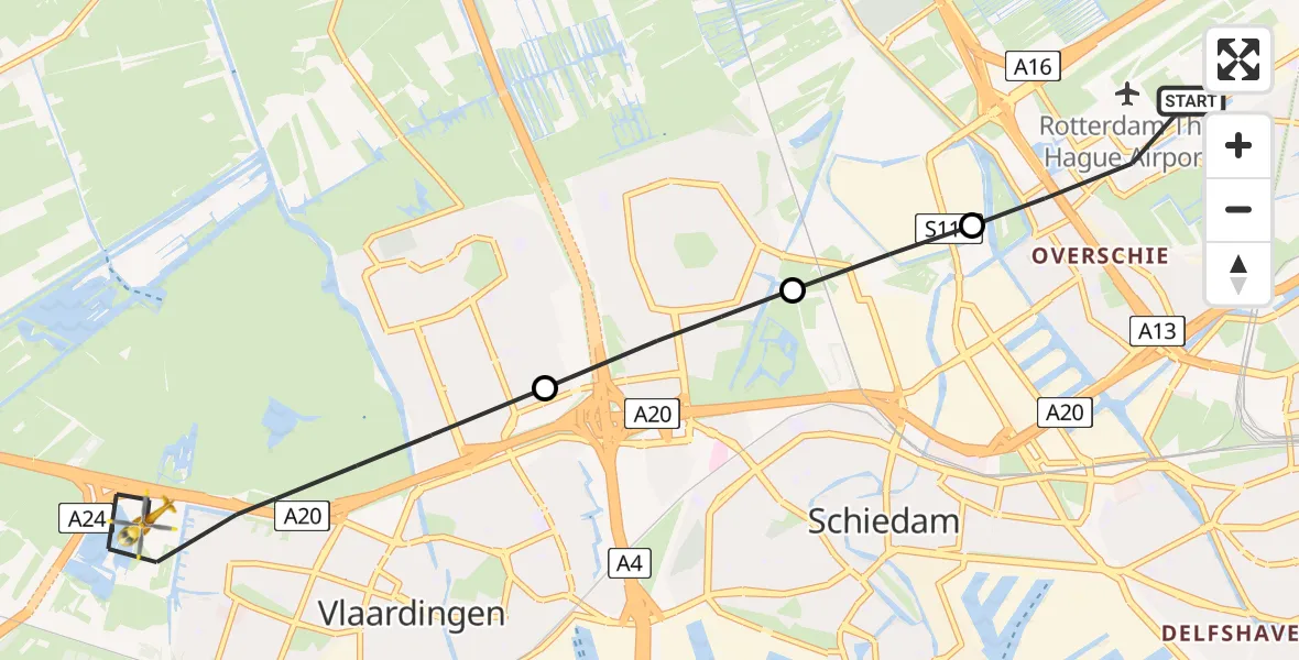 Vluchtroute Traumahelikopter Rotterdam The Hague Airport - Vlaardingen, 05 mei 2024, 11:30
