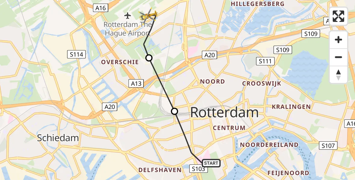 Vluchtroute Traumahelikopter Erasmus MC - Rotterdam The Hague Airport, 05 mei 2024, 12:37