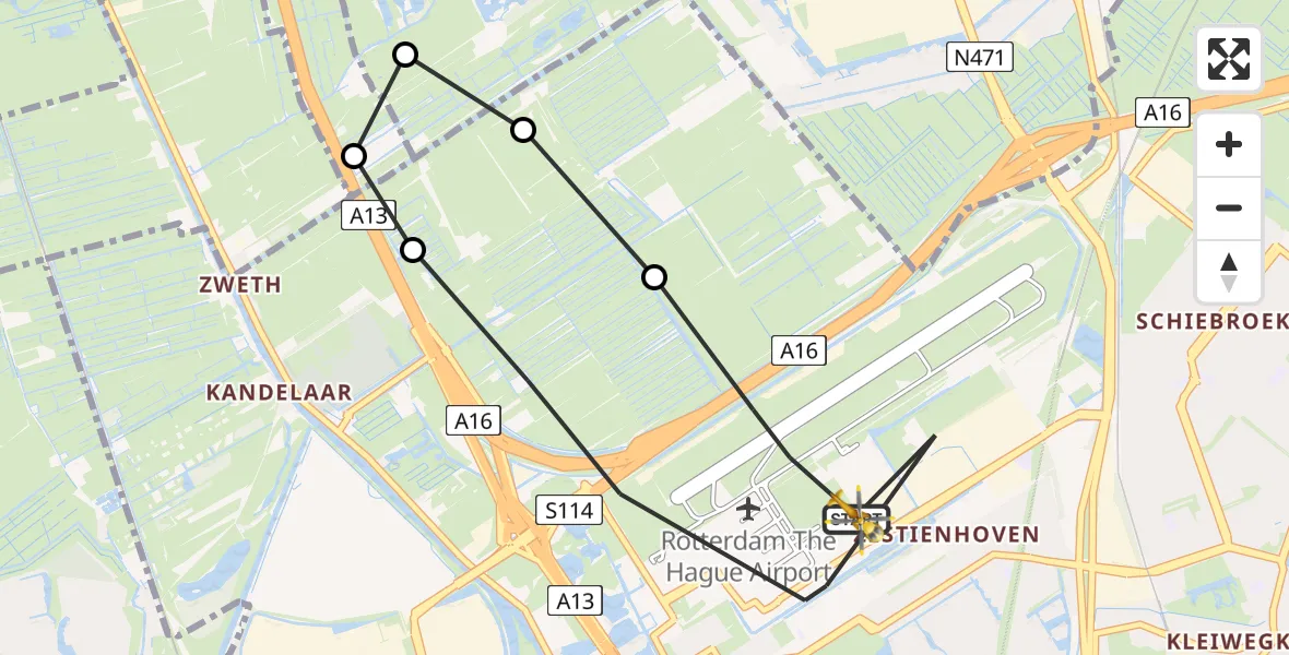 Vluchtroute Traumahelikopter Rotterdam The Hague Airport - Rotterdam The Hague Airport, 05 mei 2024, 14:13