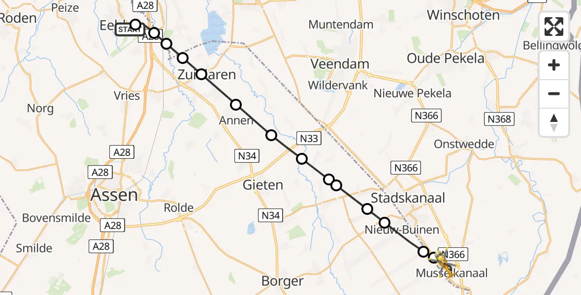 Vluchtroute Traumahelikopter Groningen Airport Eelde - Musselkanaal, 05 mei 2024, 15:46