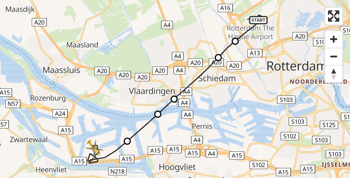 Vluchtroute Traumahelikopter Rotterdam The Hague Airport - Botlek, 05 mei 2024, 16:56