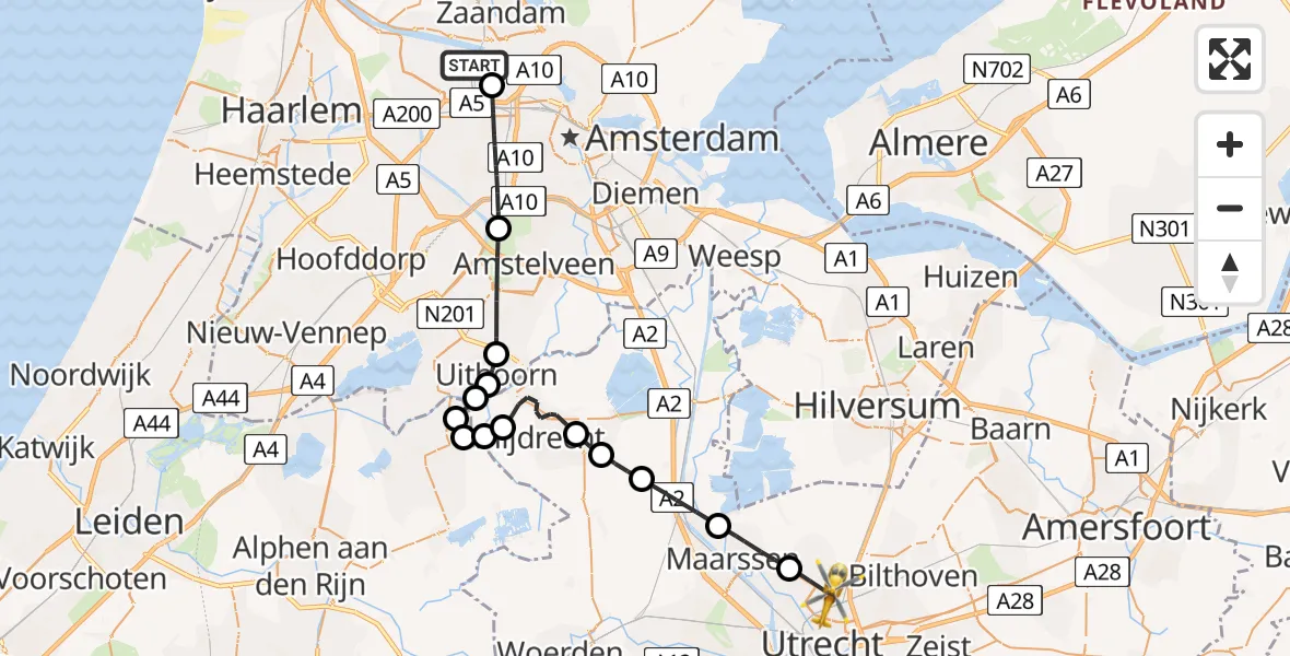 Vluchtroute Traumahelikopter Amsterdam Heliport - Utrecht, 05 mei 2024, 17:00