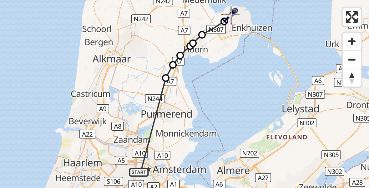 Vluchtroute Politiehelikopter Amsterdam - Andijk, 05 mei 2024, 17:32