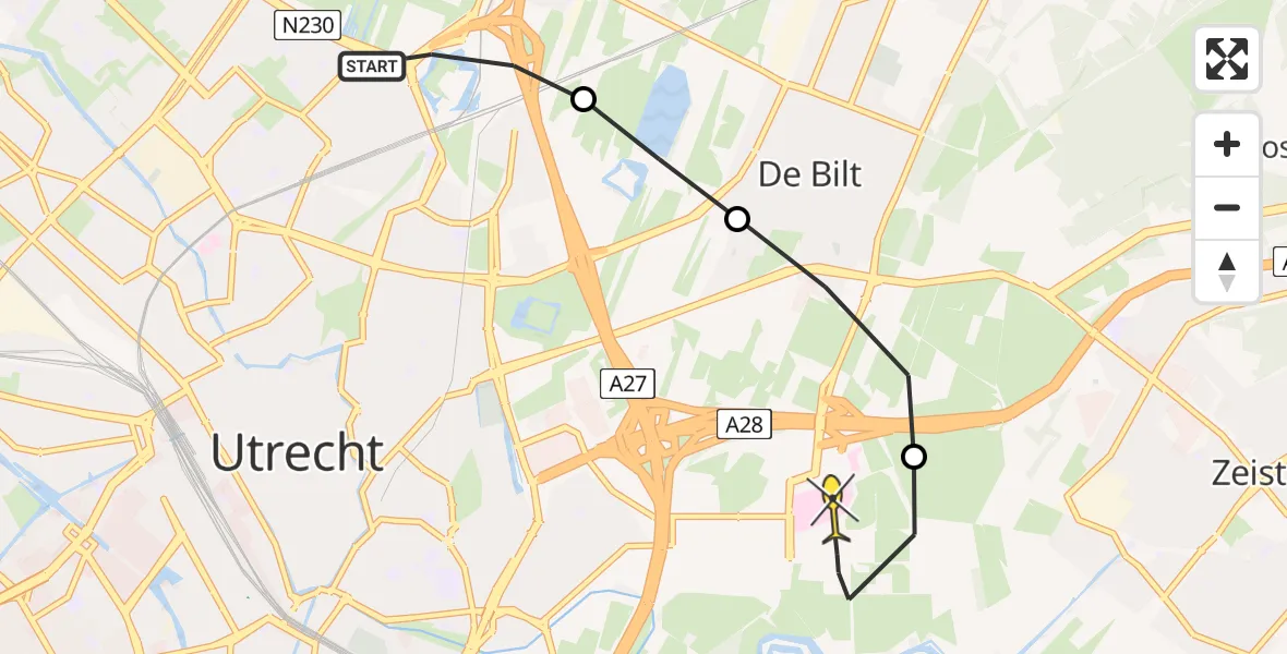 Routekaart van de vlucht: Lifeliner 1 naar Universitair Medisch Centrum Utrecht, UMC Ambulancetunnel