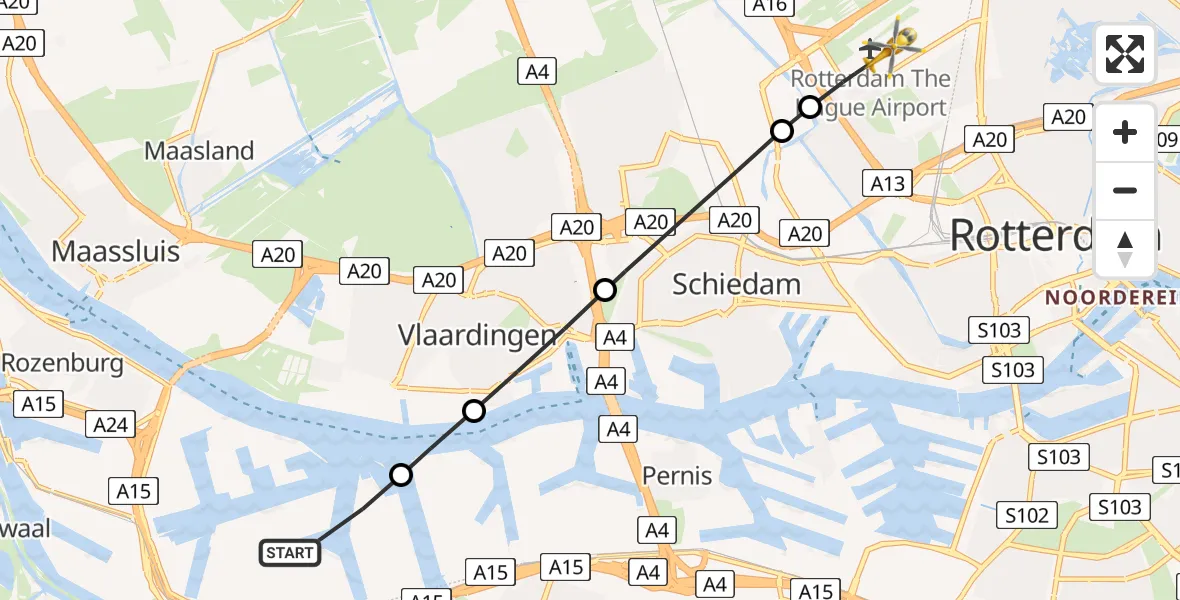 Vluchtroute Traumahelikopter Botlek - Rotterdam The Hague Airport, 05 mei 2024, 17:57