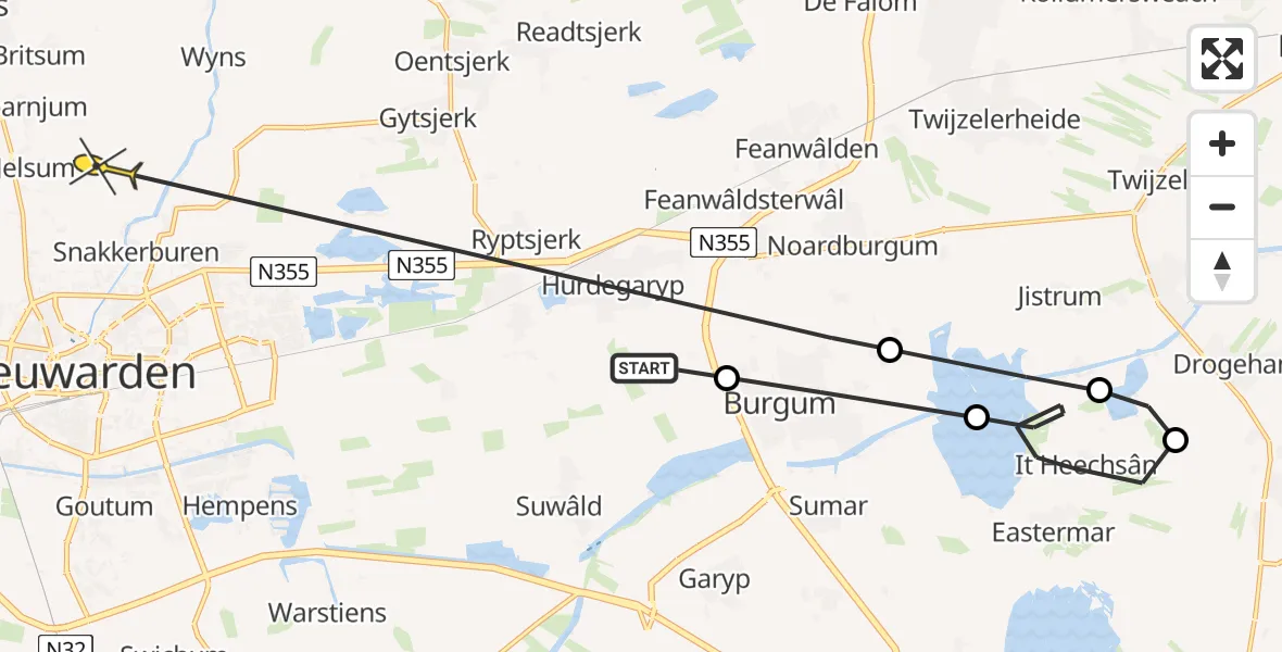 Routekaart van de vlucht: Politiehelikopter naar Jelsum, Wettermunt