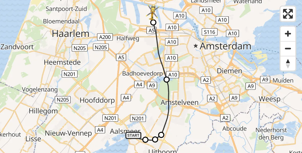 Vluchtroute Traumahelikopter Aalsmeer - Amsterdam Heliport, 05 mei 2024, 18:57
