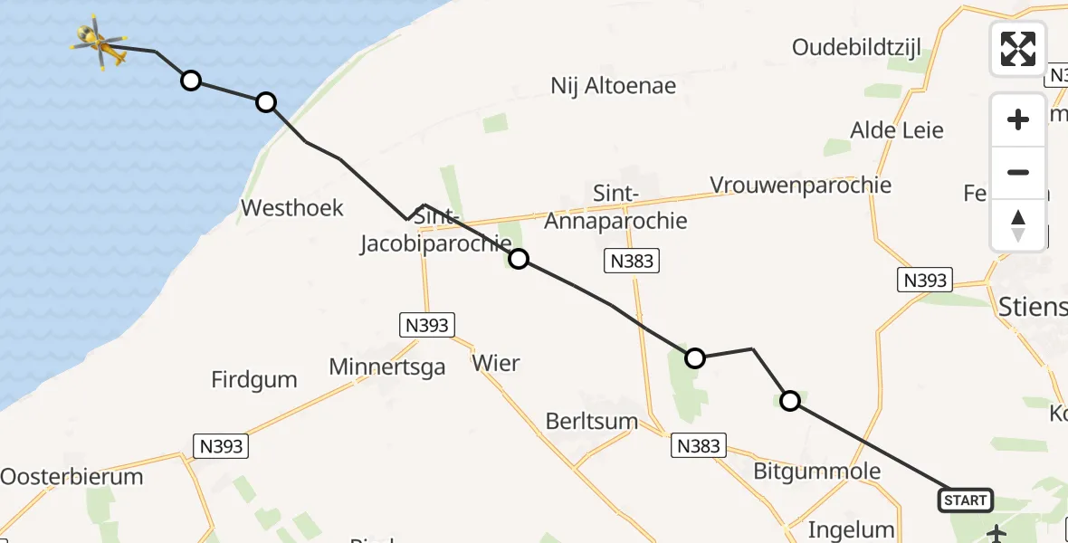 Vluchtroute Ambulancehelikopter Vliegbasis Leeuwarden - Formerum, 05 mei 2024, 19:00